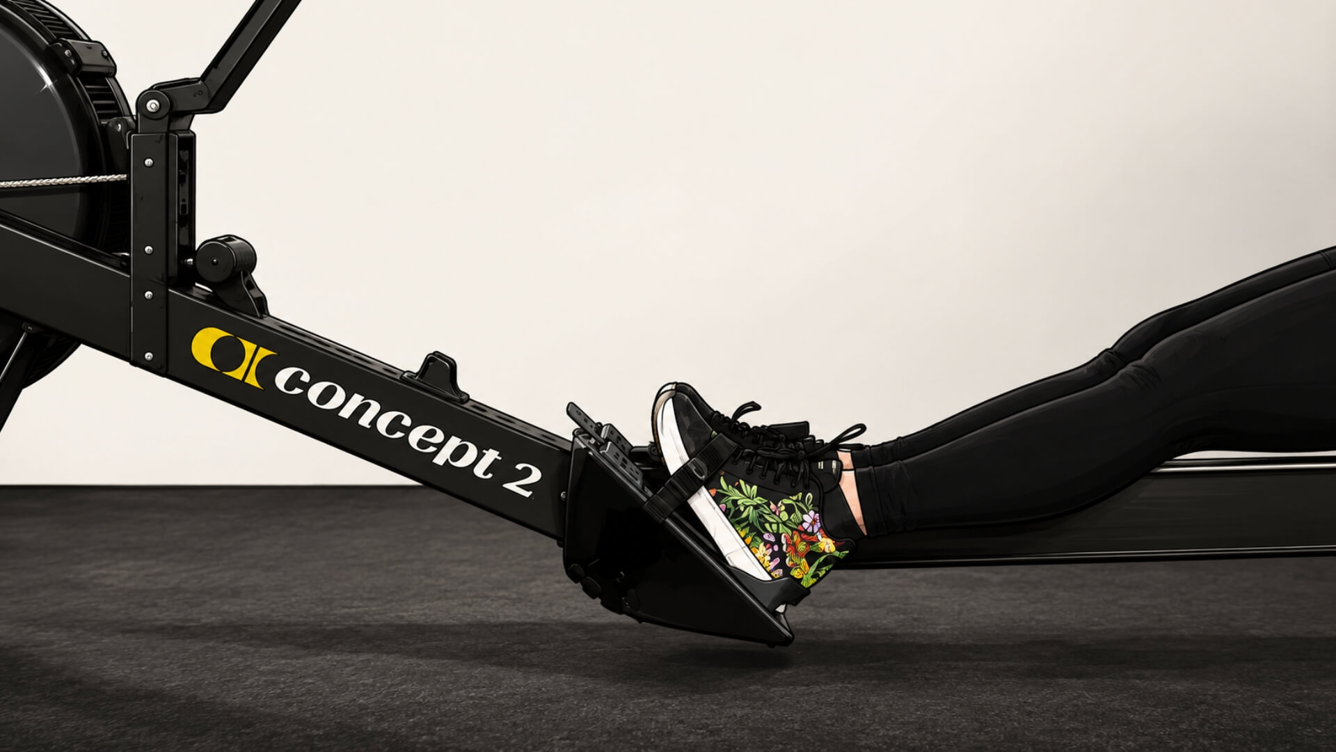 Dažniausios Irklavimo Treniruoklio Klaidos (Common Rowing Machine Mistakes) Irklavimo treniruoklio pėdų padėtis „Strapless Rowing Drill“ pratimo metu – pėdos laikomos ant kojų dirželių viršaus, išlaikant stabilų kontaktą su pėdų atramomis ir taisyklingą atsispyrimą kojomis.