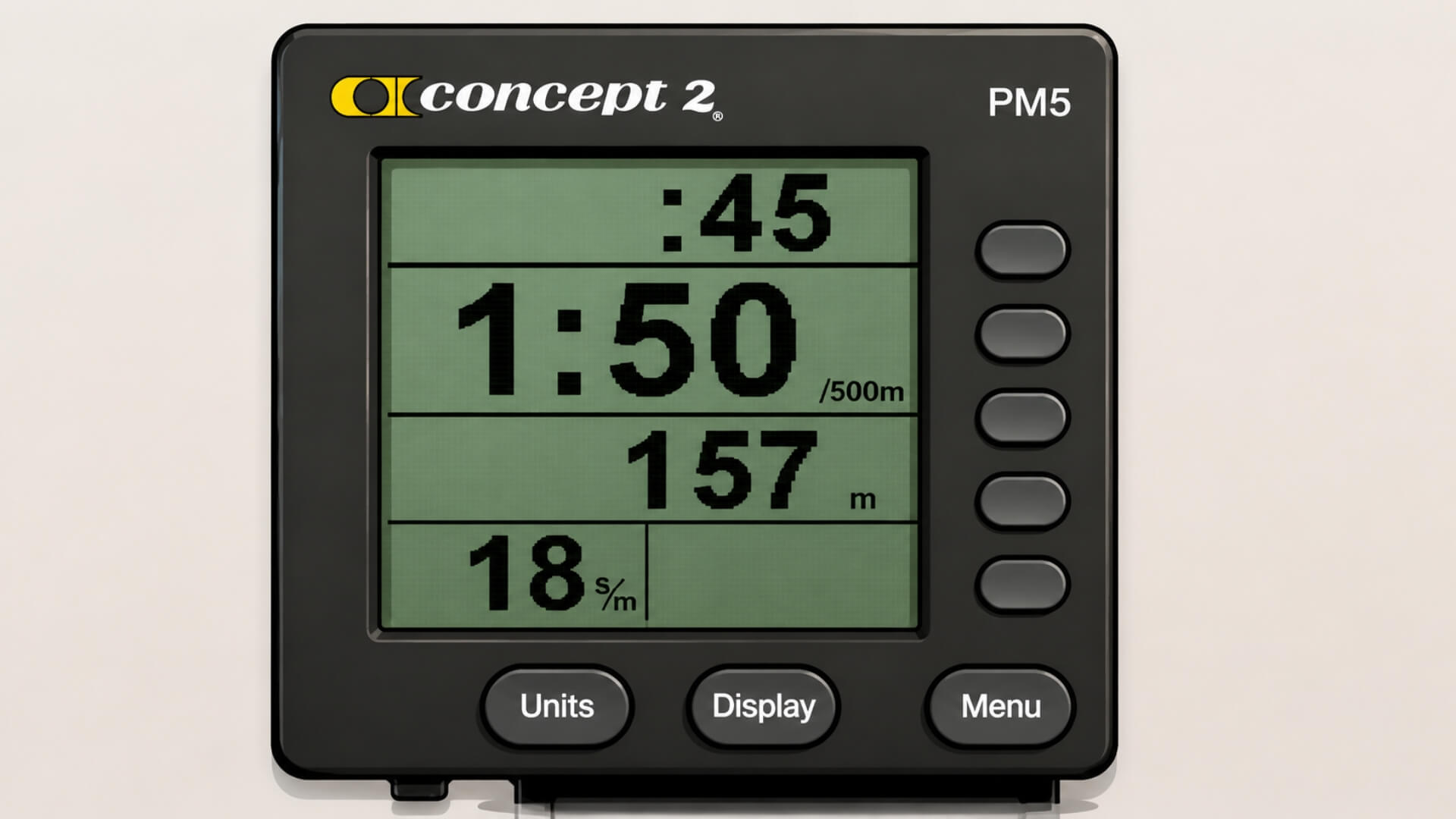 Dažniausios Irklavimo Treniruoklio Klaidos (Common Rowing Machine Mistakes) Dažniausios Irklavimo Treniruoklio Klaidos (Common Rowing Machine Mistakes). Concept2 PM5 irklavimo treniruoklio monitorius – ekrane rodomi pagrindiniai treniruotės rodikliai: tempas, įveiktas atstumas, mostų dažnis ir laikas.