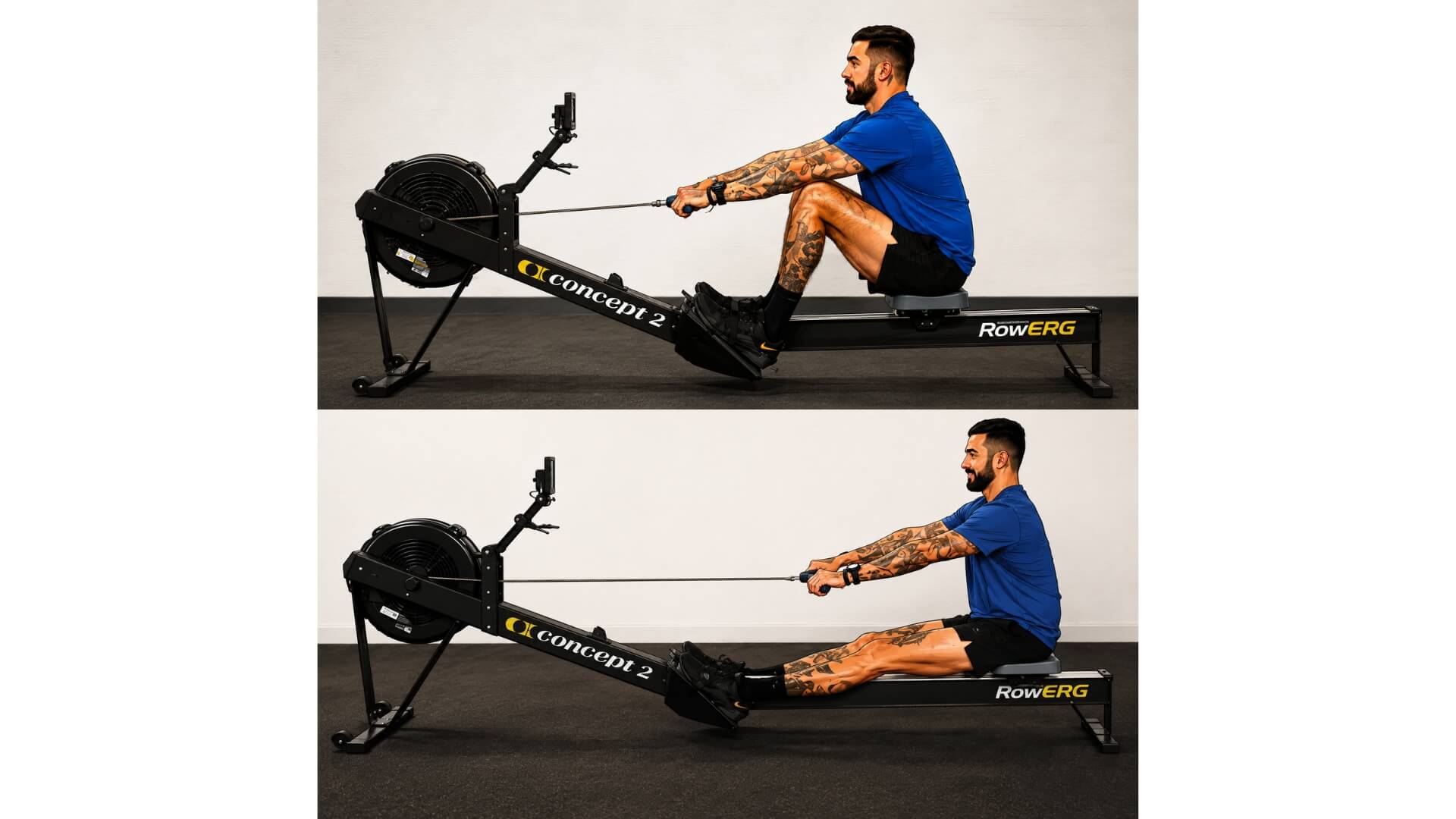 Dažniausios Irklavimo Treniruoklio Klaidos (Common Rowing Machine Mistakes) Dažniausios Irklavimo Treniruoklio Klaidos (Common Rowing Machine Mistakes). Irklavimo treniruoklio grįžimo fazės palyginimas – viršuje pavaizduota pradinė „catch“ padėtis, apačioje – taisyklinga kūno padėtis po rankų ištiesimo ir liemens pasvirimo į priekį prieš pradedant lenkti kelius.