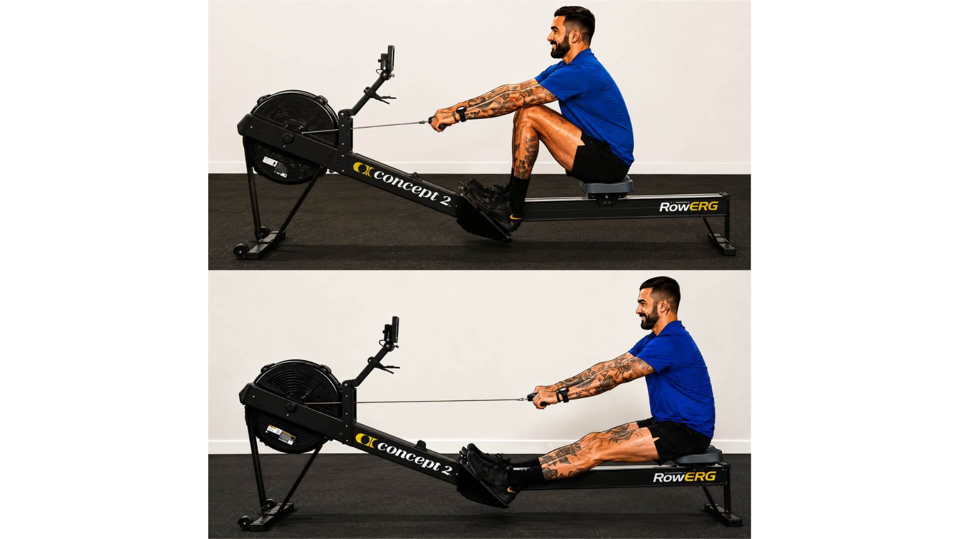 Dažniausios Irklavimo Treniruoklio Klaidos (Common Rowing Machine Mistakes) Dažniausios Irklavimo Treniruoklio Klaidos (Common Rowing Machine Mistakes). Irklavimo treniruoklio „Legs Only Pick Drill“ pratimo etapai – viršuje pavaizduota pradinė „catch“ padėtis, apačioje – atsispyrimas tik kojomis, išlaikant rankas tiesias ir liemenį stabilų.