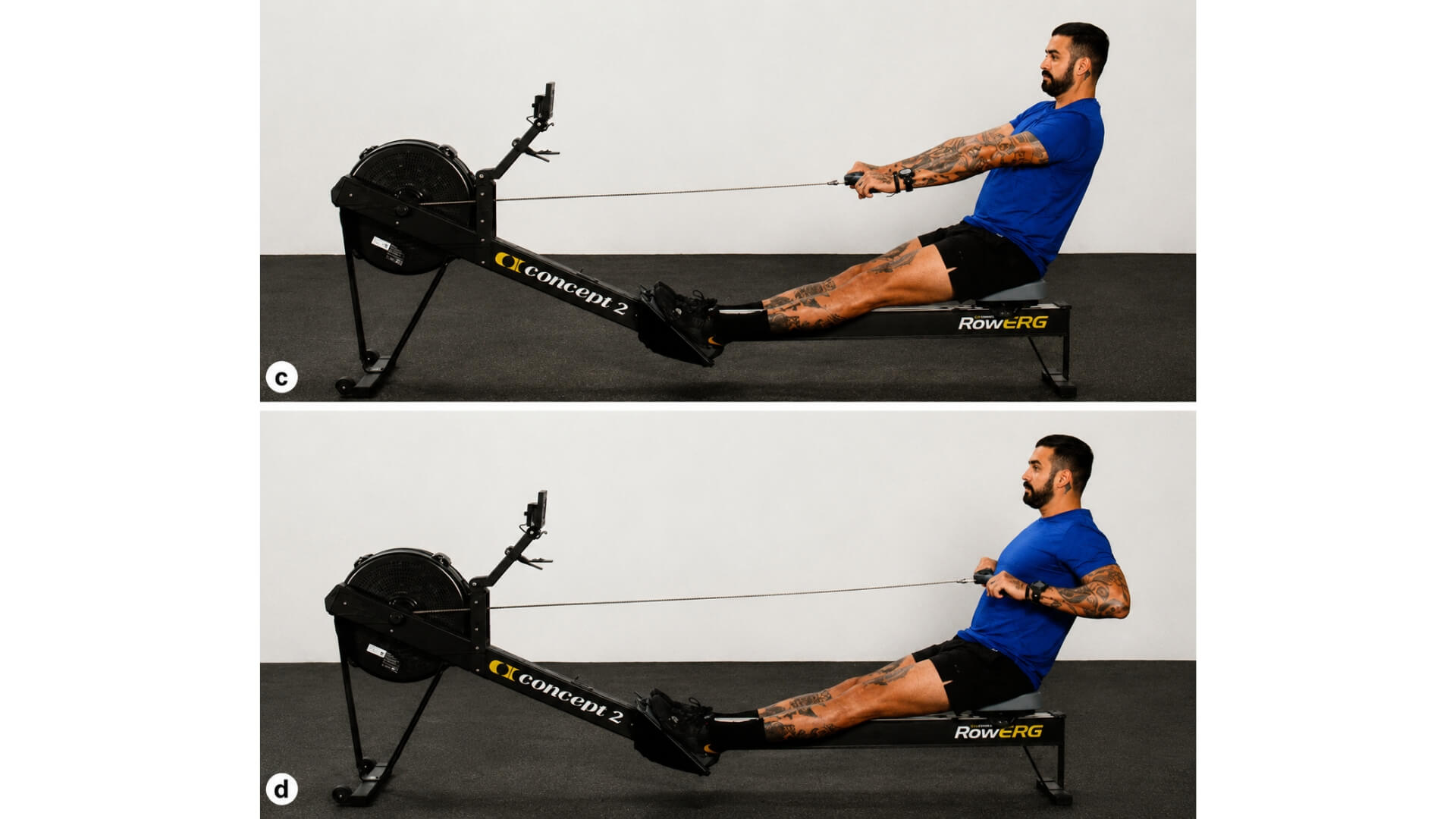 Dažniausios Irklavimo Treniruoklio Klaidos (Common Rowing Machine Mistakes) Dažniausios Irklavimo Treniruoklio Klaidos (Common Rowing Machine Mistakes). Irklavimo treniruoklio „Legs Only Pick Drill“ pratimo tęsinys – viršuje pavaizduotas atsispyrimas kojomis ir liemens įtraukimas, apačioje – pilnas irklavimo mostas su kojų, liemens ir rankų darbu.