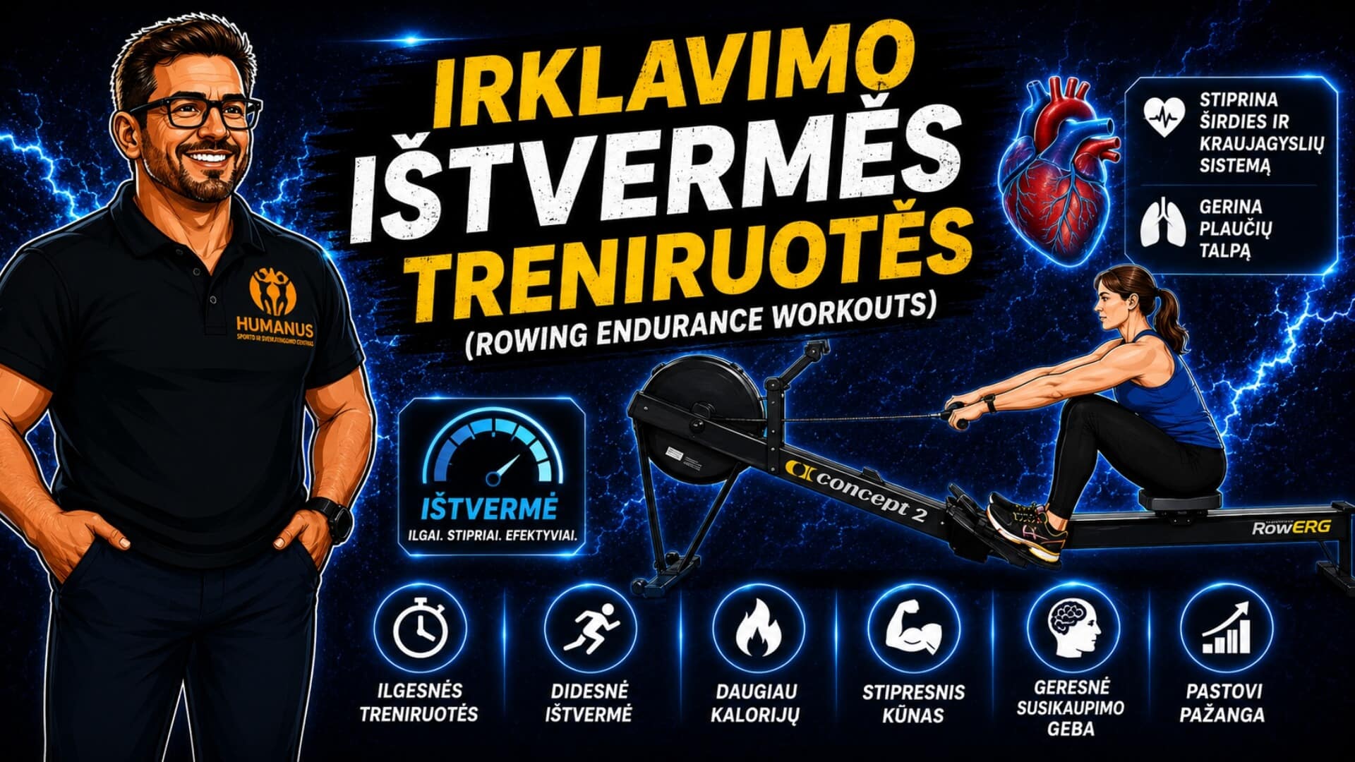 Irklavimo Ištvermės Treniruotės (Rowing Endurance Workouts). Iliustracijoje pavaizduota moteris, atliekanti ištvermės irklavimo treniruotę su „Concept2 RowErg“ irklavimo treniruokliu. Infografikoje parodyta, kad aerobinės irklavimo treniruotės stiprina širdies ir kraujagyslių sistemą, gerina plaučių talpą, didina ištvermę, padeda sudeginti daugiau kalorijų, stiprina kūną, gerina susikaupimą ir skatina nuoseklią fizinio pasirengimo pažangą.