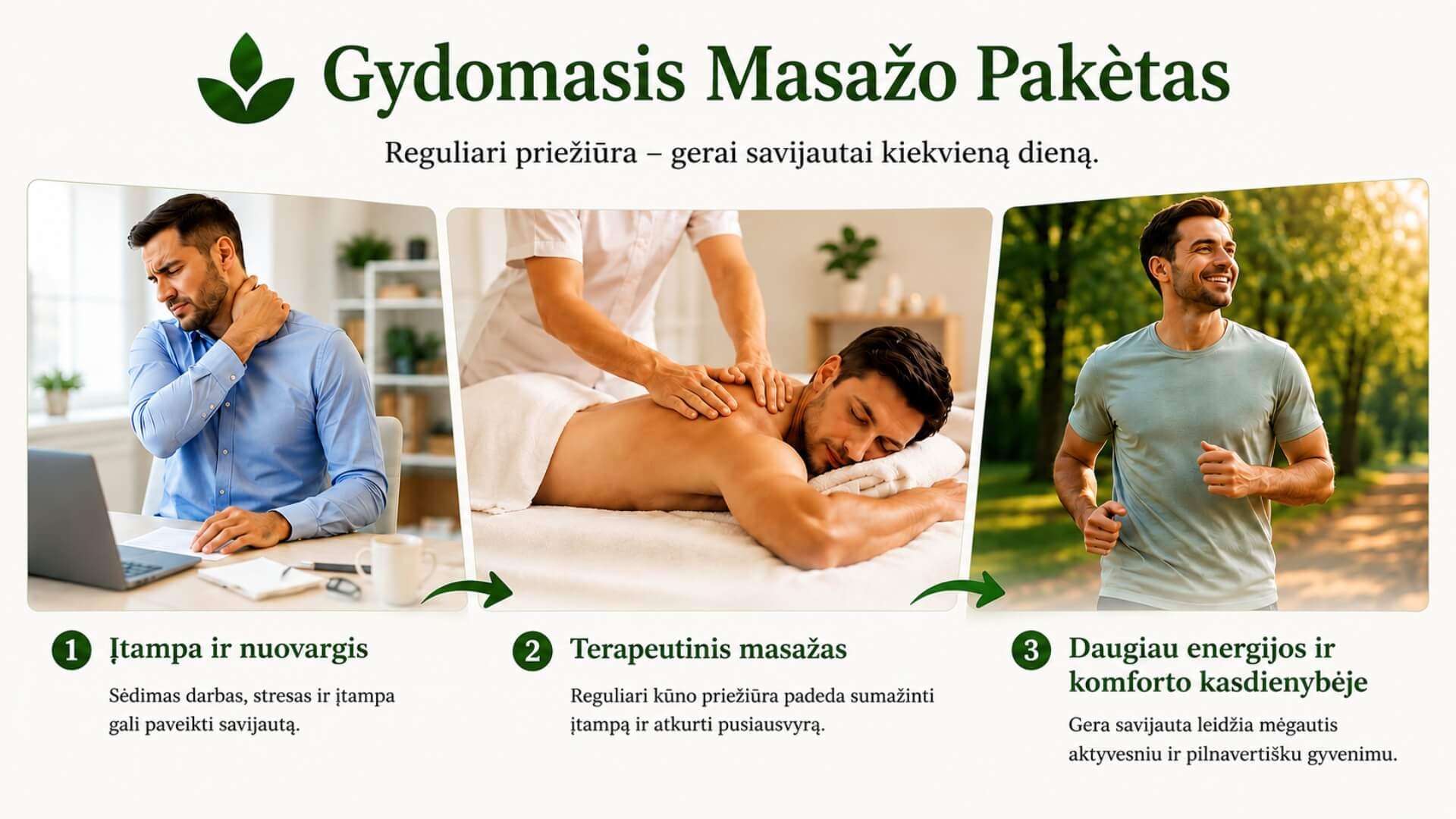 Gydomojo masažo paketo iliustracija, vaizduojanti vyrą, jaučiantį kaklo įtampą, gydomojo masažo procedūrą ir pagerėjusią savijautą po masažo Masažo studijoje Humanus.