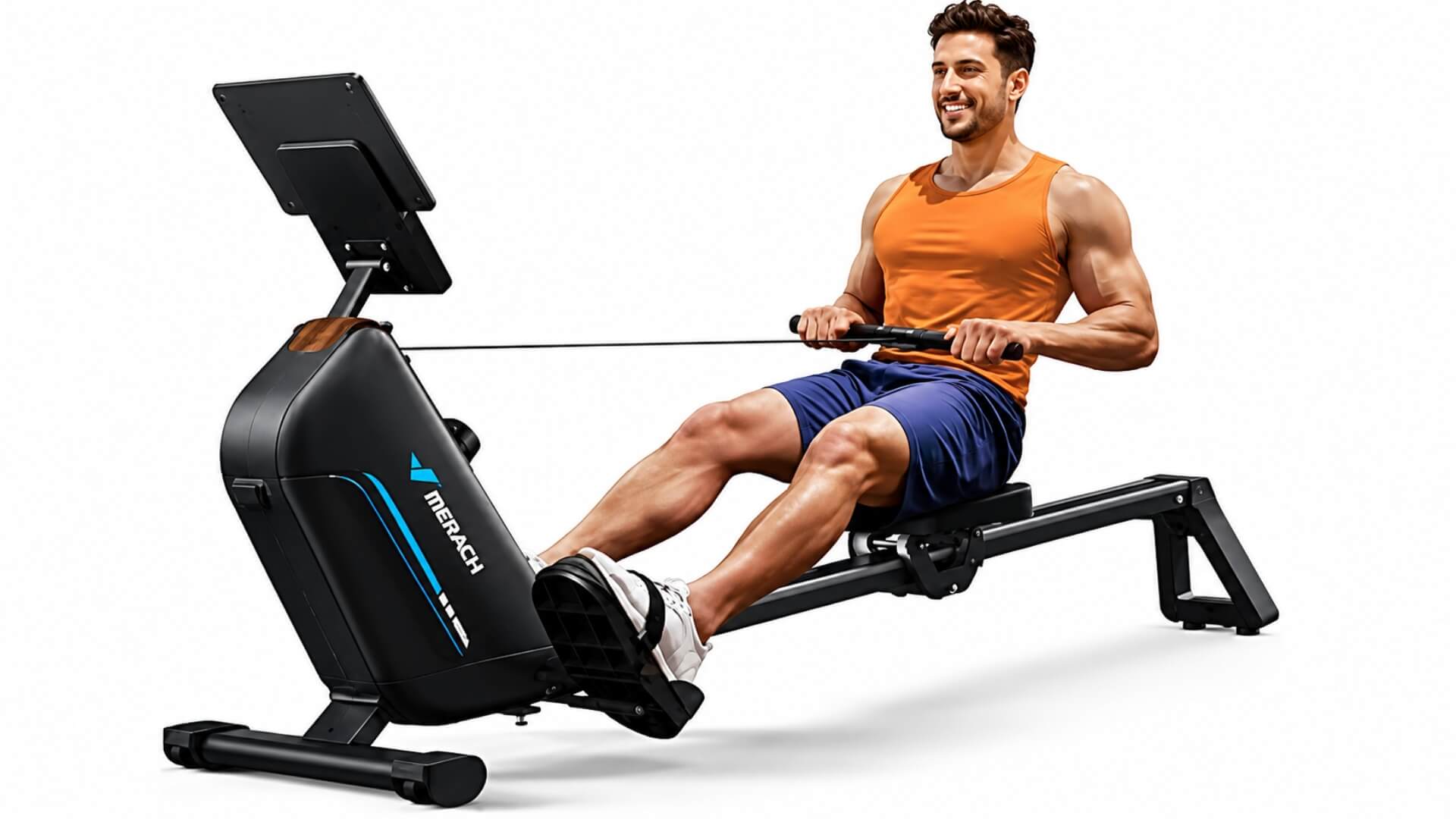 Irklavimo Treniruoklių Tipai (Rowing Machine Types) Irklavimo Treniruoklių Tipai (Rowing Machine Types). Vyras treniruojasi magnetiniu irklavimo treniruokliu su monitoriumi, judančia sėdyne ir reguliuojamu pasipriešinimu, atlikdamas viso kūno irklavimo pratimą.