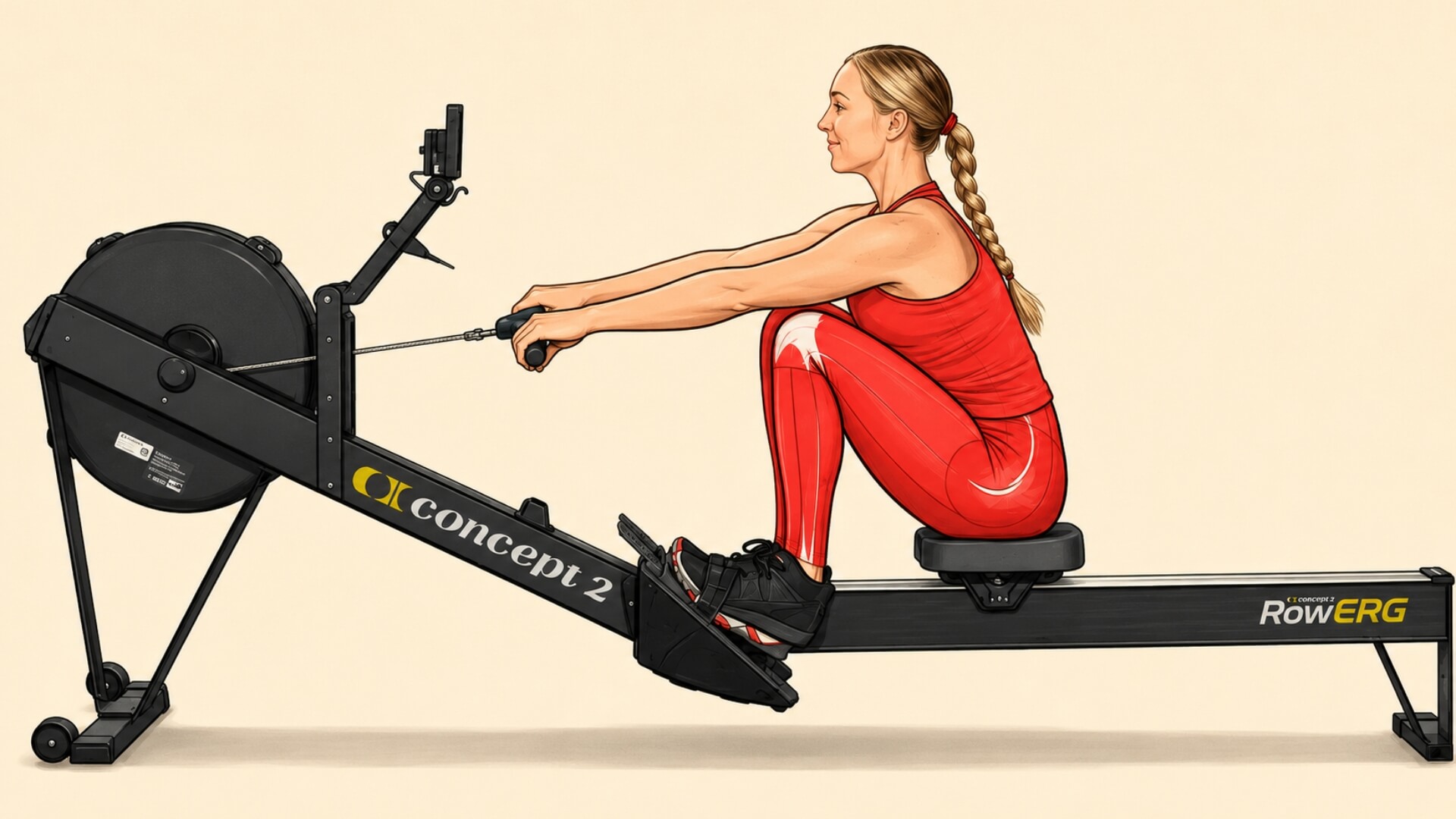 Irklavimo Treniruotės Nauda (Rowing Workout Benefits) Irklavimo Treniruotės Nauda (Rowing Workout Benefits). Iliustracija vaizduoja taisyklingą pradinę irklavimo padėtį (catch) su neutralia stuburo padėtimi. Tinkama technika padeda apsaugoti nugarą, aktyvinti daugiau raumenų ir efektyviau atlikti irklavimo treniruotę.