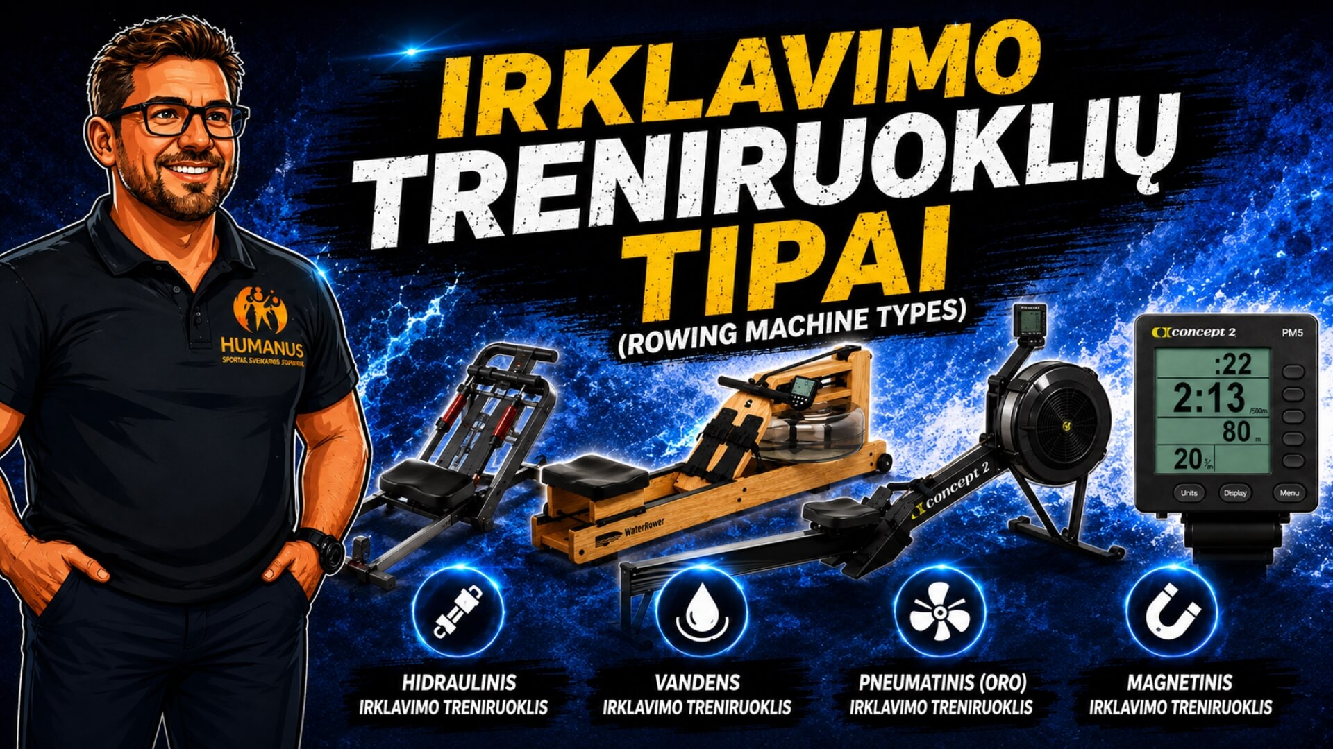 Irklavimo Treniruoklių Tipai (Rowing Machine Types). Iliustracijoje pavaizduoti keturi irklavimo treniruoklių tipai – hidraulinis, vandens, oro ir magnetinis, šalia jų pateiktas irklavimo treniruoklio ekranas bei informacinis pavadinimas apie irklavimo treniruoklių tipus.