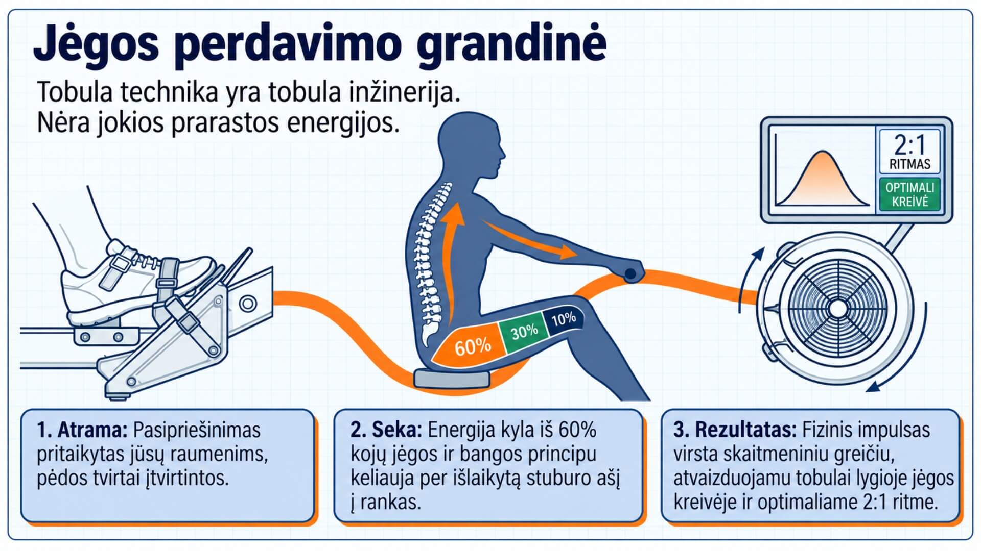 Taisyklinga Irklavimo Technika (Proper Rowing Technique) Taisyklinga Irklavimo Technika (Proper Rowing Technique). Infografikas, vaizduojantis jėgos perdavimo grandinę irkluojant Concept2 RowErg treniruokliu. Pavaizduota, kaip jėga perduodama nuo tvirtai įtvirtintų pėdų per kojas, liemenį ir rankas į rankeną, sukuriant optimalią jėgos kreivę, 2:1 yrio ritmą ir efektyvią irklavimo techniką.