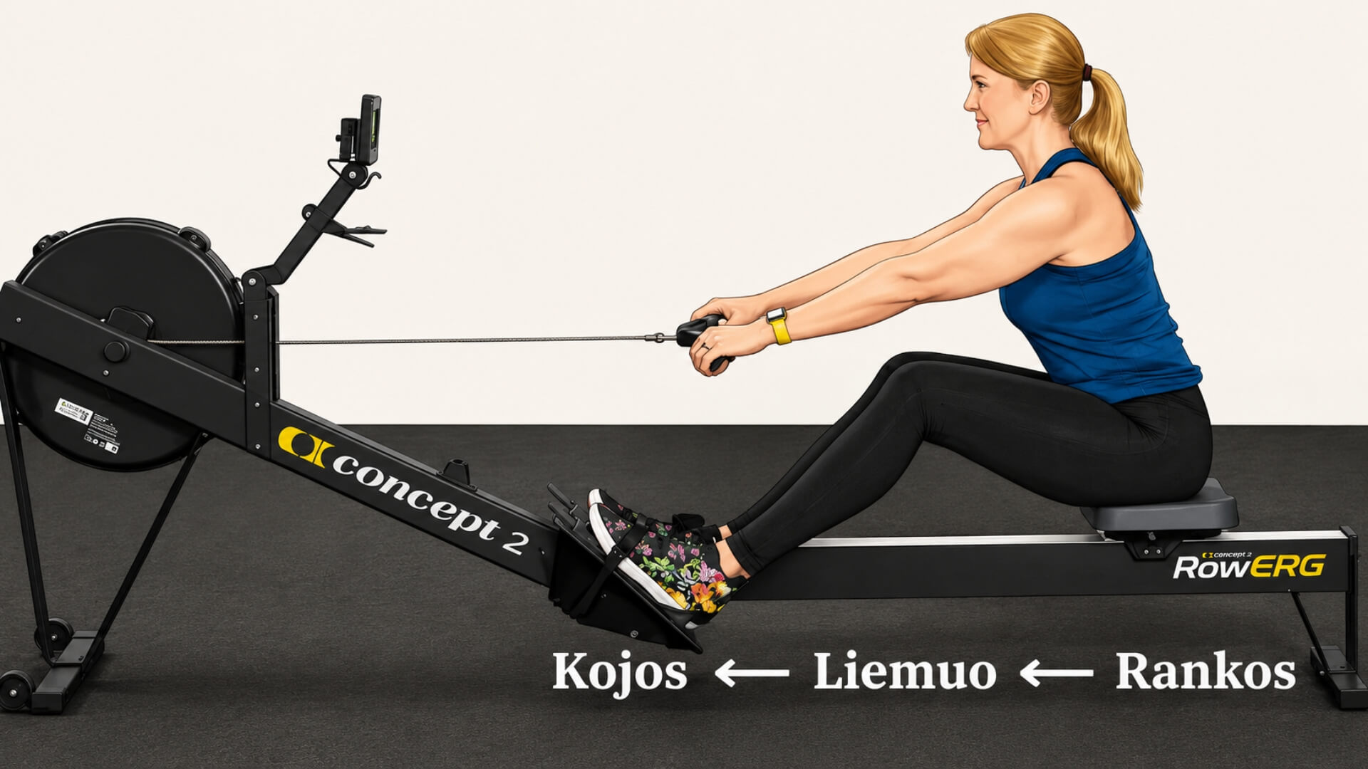 Taisyklinga Irklavimo Technika (Proper Rowing Technique) Taisyklinga Irklavimo Technika (Proper Rowing Technique). Sportininkė demonstruoja taisyklingą recovery (atsistatymo) fazę ant Concept2 RowErg irklavimo treniruoklio. Paveikslėlyje parodyta taisyklinga judesių seka – pirmiausia juda rankos, po to liemuo ir galiausiai kojos, užtikrinant sklandų grįžimą į catch (yrio pradžios) padėtį, efektyvų jėgos perdavimą ir taisyklingą irklavimo techniką.