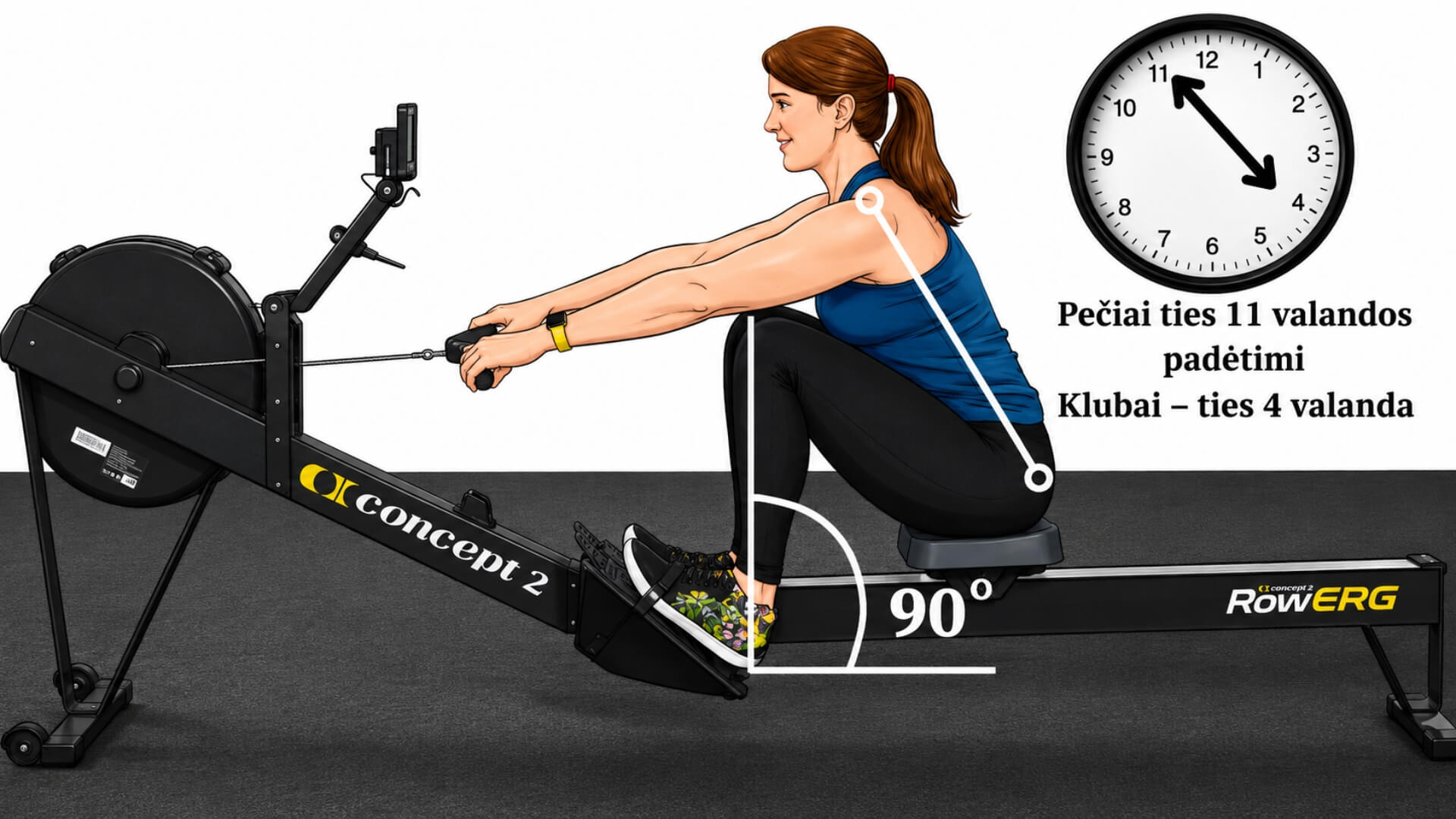 Taisyklinga Irklavimo Technika (Proper Rowing Technique) Taisyklinga Irklavimo Technika (Proper Rowing Technique). Sportininkė demonstruoja taisyklingą catch (yrio pradžios) padėtį ant Concept2 RowErg irklavimo treniruoklio. Paveikslėlyje parodyta taisyklinga pečių, klubų ir kelių padėtis, 90° blauzdų kampas bei liemens pasvirimas į priekį, užtikrinant efektyvų jėgos perdavimą ir saugią irklavimo techniką.