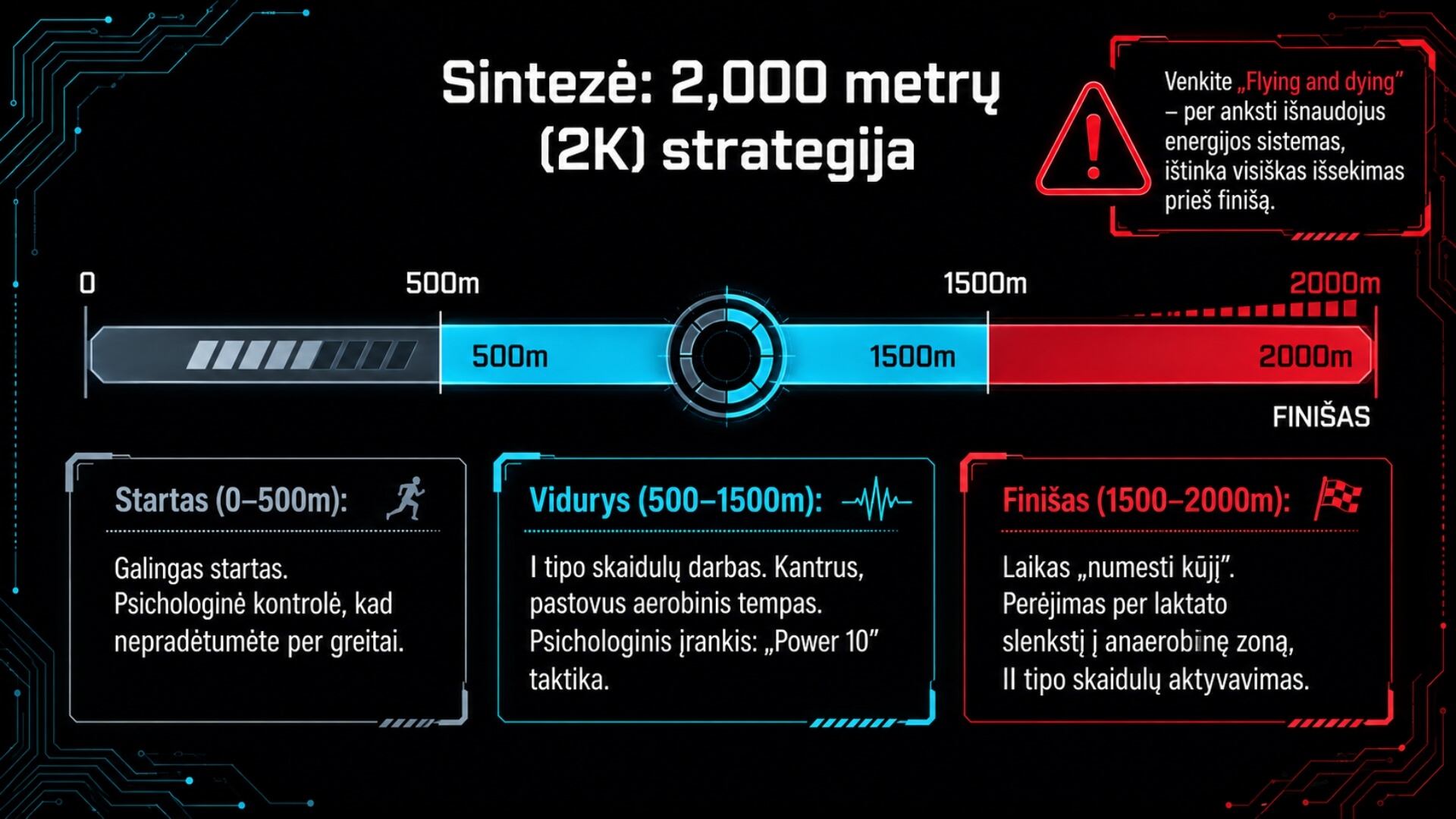 Irklavimo Ištvermės ir Intervalinės Treniruotės (Rowing Endurance and Interval Training) Irklavimo Ištvermės ir Intervalinės Treniruotės (Rowing Endurance and Interval Training). Iliustracijoje pavaizduota 2 000 metrų irklavimo distancija, suskirstyta į starto (0–500 m), vidurio (500–1500 m) ir finišo (1500–2000 m) etapus. Apačioje pateiktos kiekvieno etapo strategijos, o viršuje įspėjama vengti per greito starto ir ankstyvo energijos sistemų išnaudojimo.