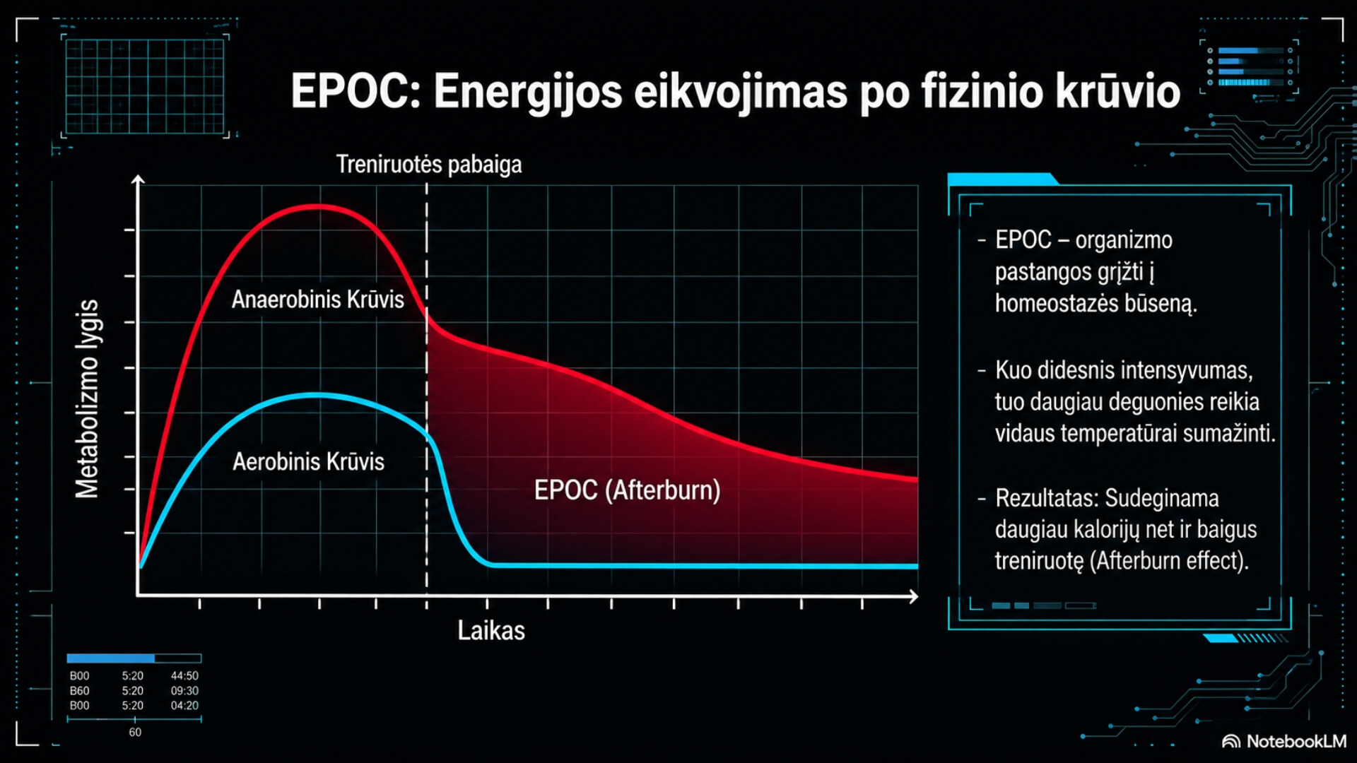 Irklavimo Ištvermės ir Intervalinės Treniruotės (Rowing Endurance and Interval Training) Irklavimo Ištvermės ir Intervalinės Treniruotės (Rowing Endurance and Interval Training). Iliustracijoje pateikta aerobinio ir anaerobinio krūvio metabolizmo lygio diagrama, kurioje po treniruotės pabaigos vaizduojamas EPOC (Afterburn) laikotarpis. Dešinėje paaiškinama, kad EPOC – tai organizmo pastangos grįžti į homeostazės būseną, o didesnis fizinio krūvio intensyvumas lemia didesnį deguonies poreikį po treniruotės.