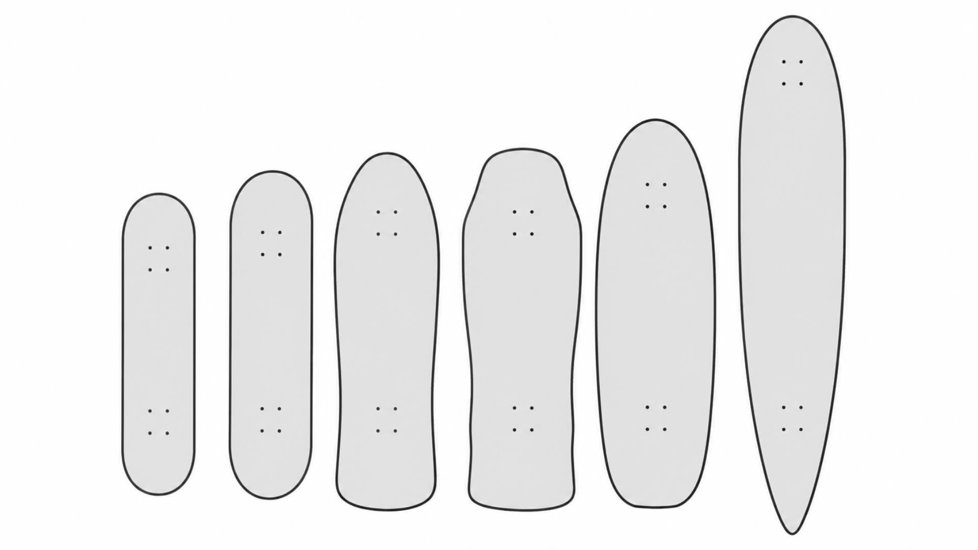 Riedlentės Sandara, Dalys Ir Pasirinkimas (Skateboard Anatomy, Parts and Selection) Riedlentės Sandara, Dalys Ir Pasirinkimas (Skateboard Anatomy, Parts and Selection). Iliustracijoje pateiktos skirtingo pločio ir formos riedlenčių platformos (deck).