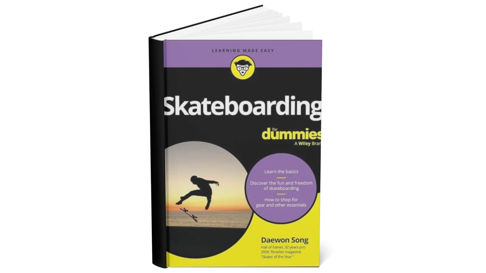 Knygos „Skateboarding For Dummies“ Knygos „Skateboarding For Dummies“ viršelis, kuriame pavaizduotas riedlentininkas atliekantis triuką su riedlente