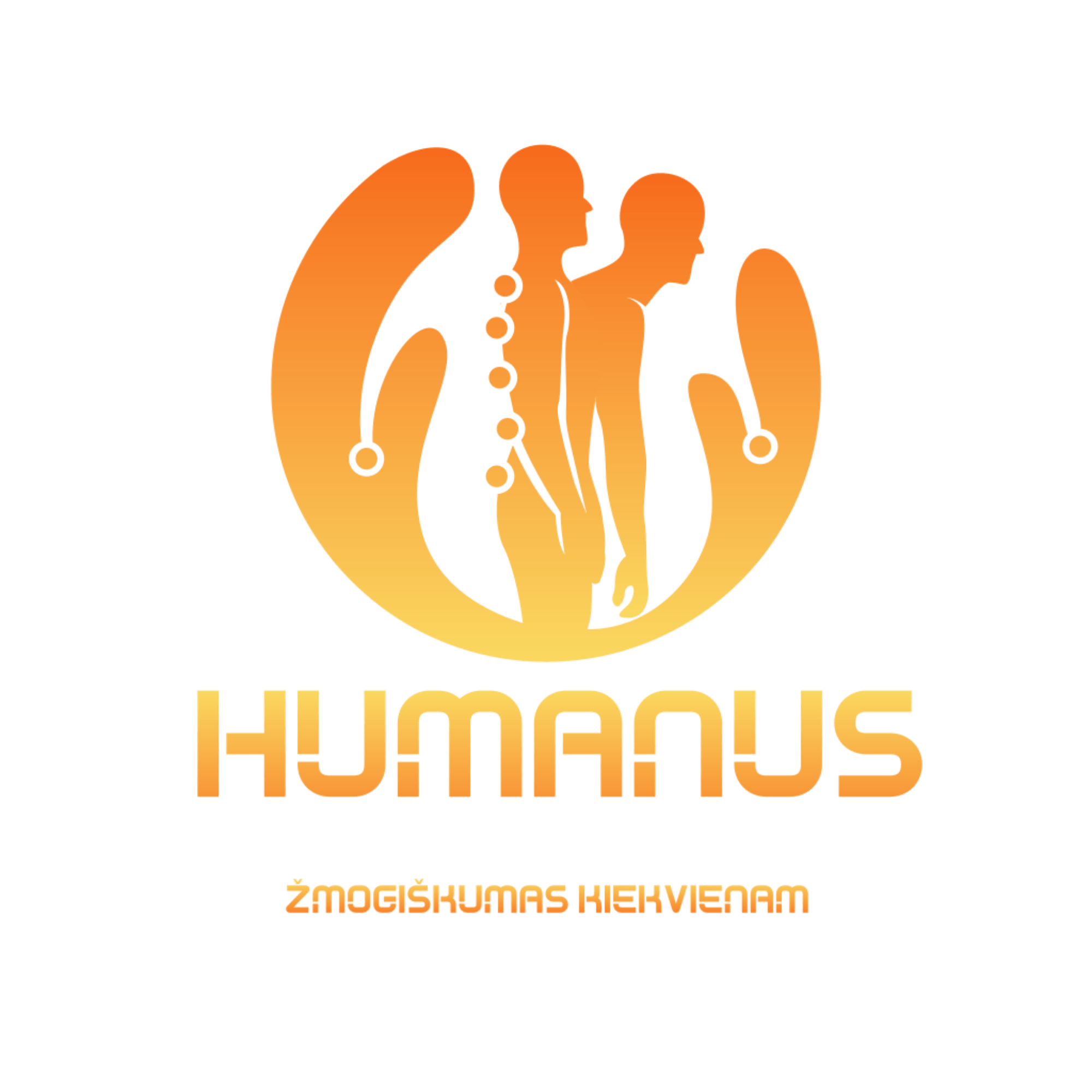 Masažo studija Humanus logotipas su žmogaus siluetu, stuburo simboliu ir šūkiu „Žmogiškumas kiekvienam“.