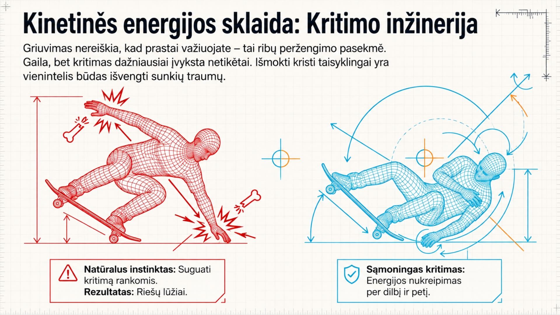 Kaip Važiuoti Riedlente (How to Ride a Skateboard) Kaip Važiuoti Riedlente (How to Ride a Skateboard). Iliustracijoje pateikta saugaus kritimo riedlente technika, palyginant natūralų kritimą ant rankų su sąmoningu kritimu, kai energija nukreipiama per dilbį ir petį.