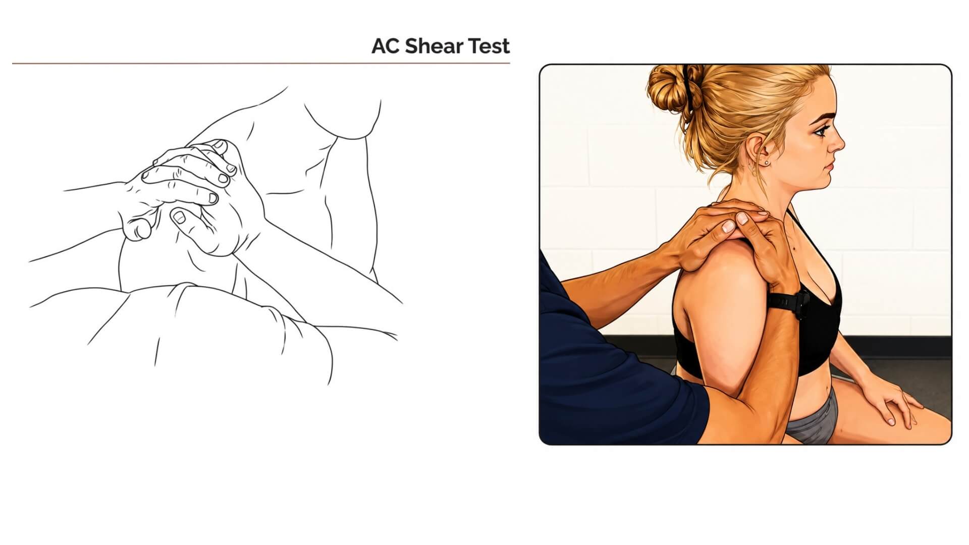 Akromioklavikulinio Sąnario Testavimas (Acromioclavicular Joint Test) Akromioklavikulinio Sąnario Testavimas (Acromioclavicular Joint Test). AC šlyties testas: sėdinčiam pacientui stabilizuojama mentė ir raktikaulis, suspaudžiant peties sritį rankomis ir vertinant AC sąnario skausmą bei nestabilumą.
