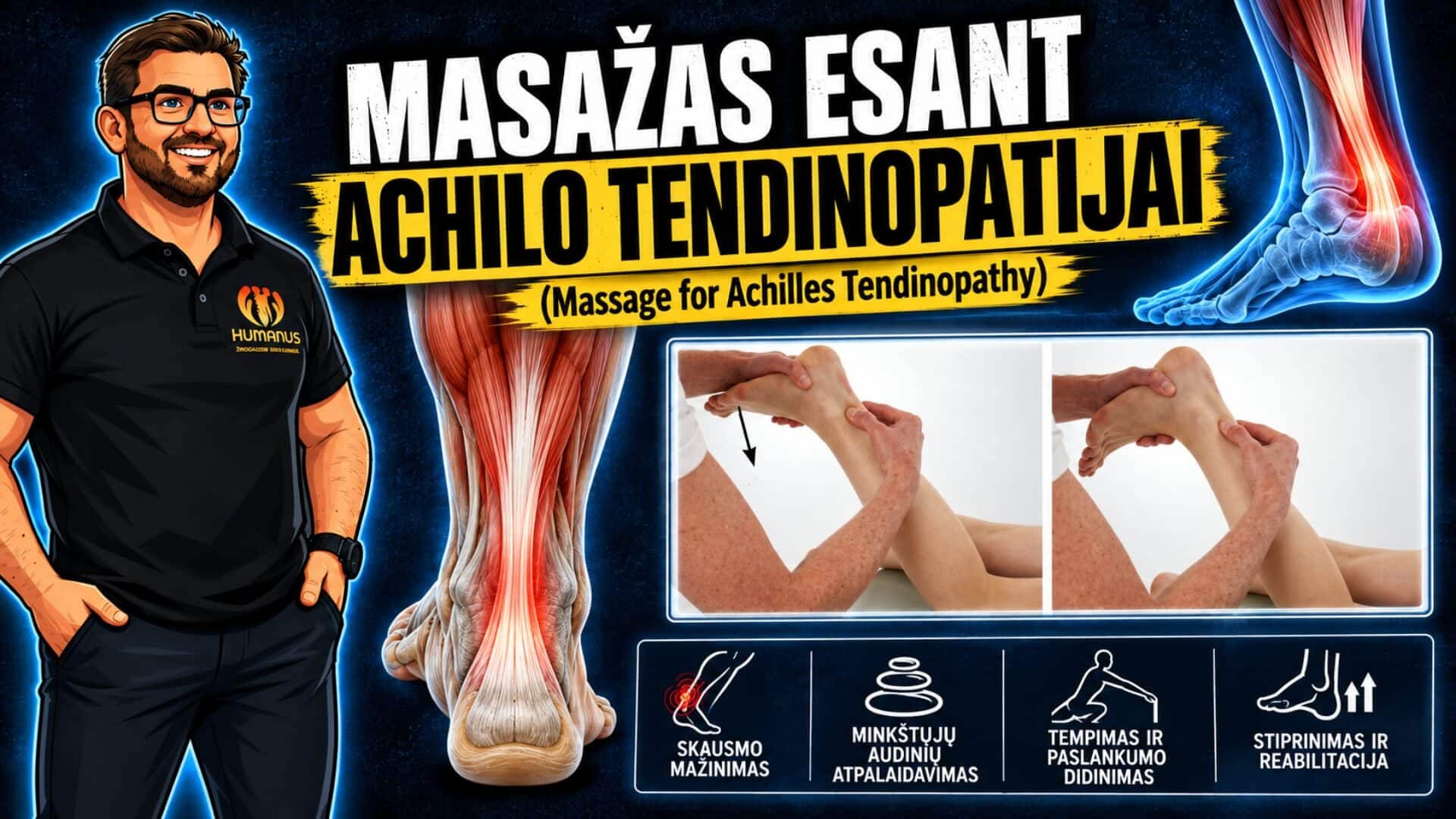 Masažas Esant Achilo Tendinopatijai (Massage for Achilles Tendinopathy). iliustracijoje parodyta Achilo sausgyslė, blauzdos raumenys ir čiurnos sritis.