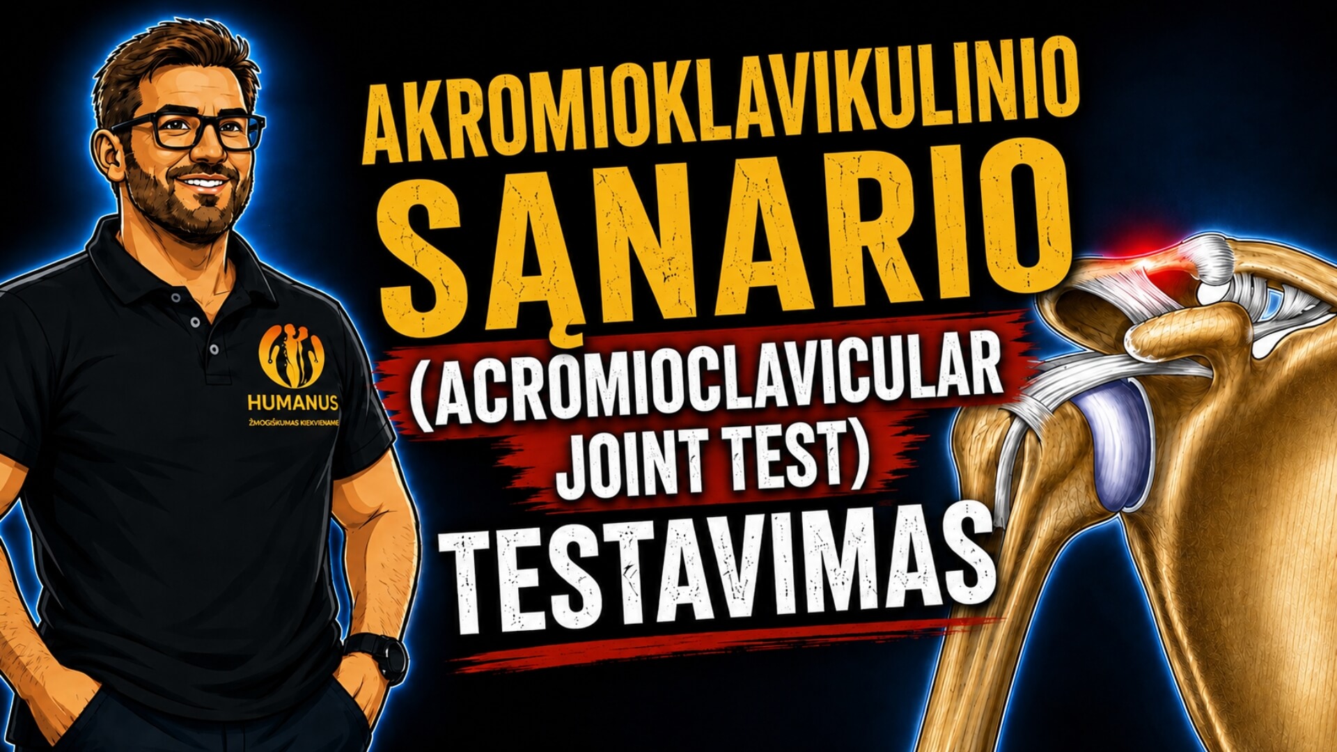Akromioklavikulinio Sąnario Testavimas (Acromioclavicular Joint Test). Akromioklavikulinio (AC) sąnario anatomijos ir testavimo iliustracija, vaizduojanti peties sąnarį, raktikaulį, mentės petinę ataugą ir susijusius raiščius bei testo temą.
